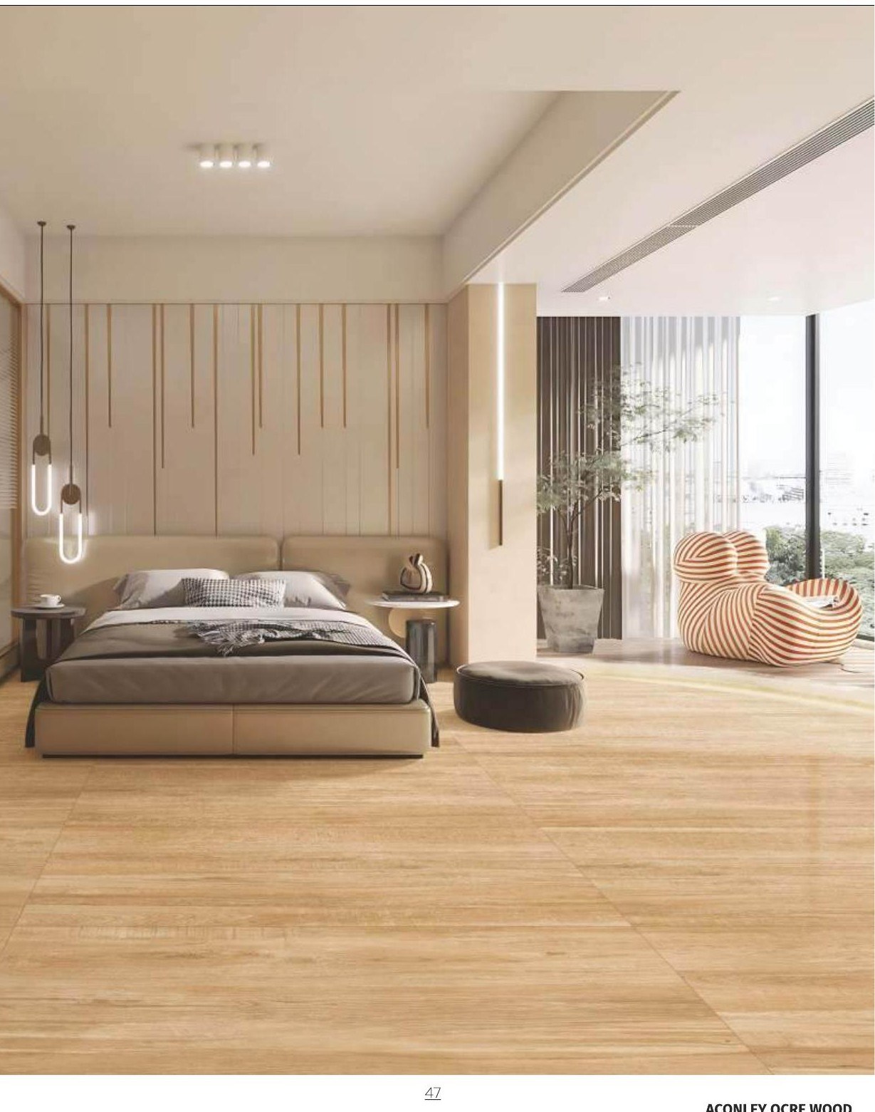 Aconley Ocre Wood tile installed in a bedroom setting